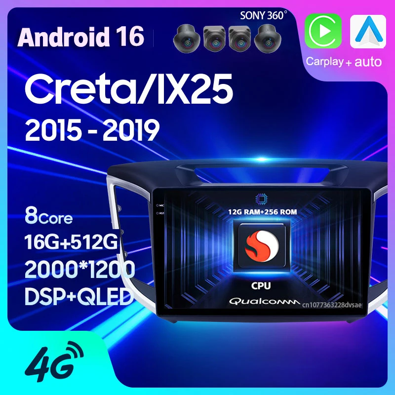Android 16 Carplay For Hyundai Creta IX25 2015 2016 2017 2018 2019 Car Radio Multimedia Player GPS Stereo 2 Din Head Unit Stereo