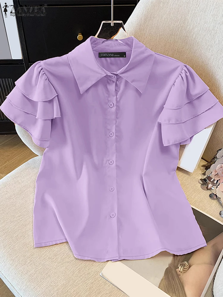 ZANZEA Camicie Casual da Donna Elegante Chic Maniche con Volant a Strati Bottoni con Colletto Camicie Femme Moda Estiva Tinta Unita Top