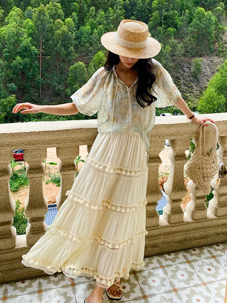 

GypsyLady French Chic Maxi Tiered Skirt Beige Tassels A-line Casual Long Skirts Rayon Women Ruffles Boho Ladies Skirt Faldas New