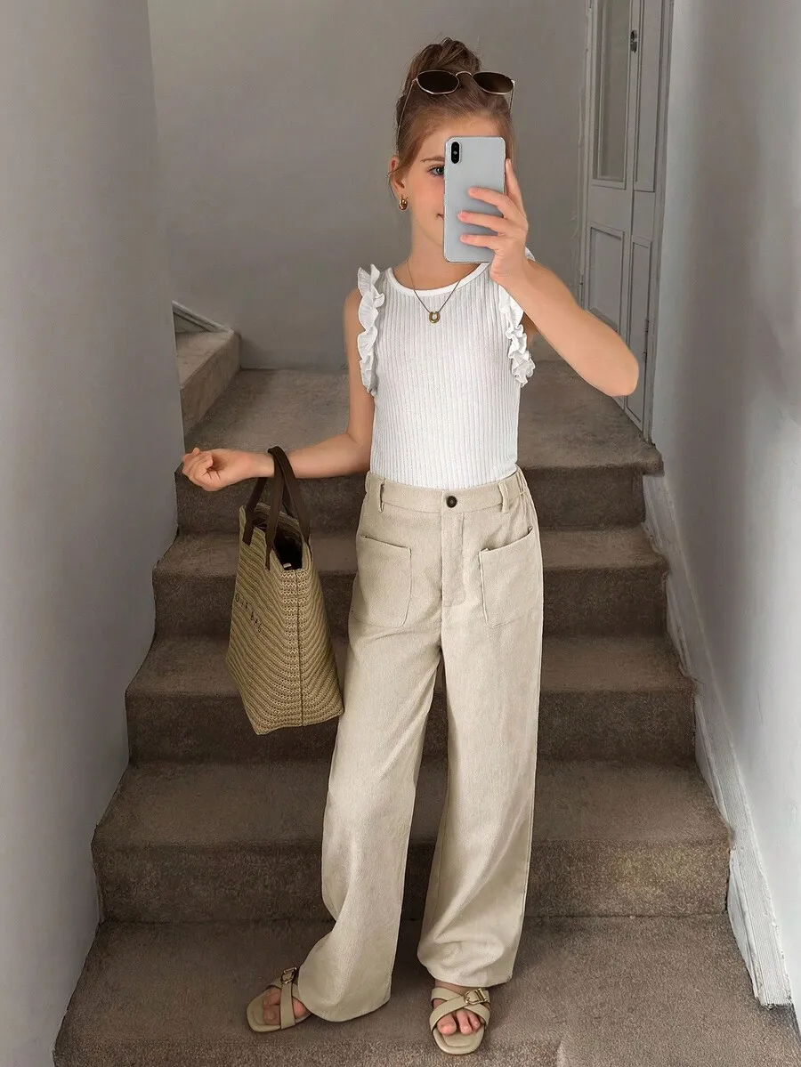 

Casual Loose Straight Leg Woven Trousers with Front Pockets for Tween Girls