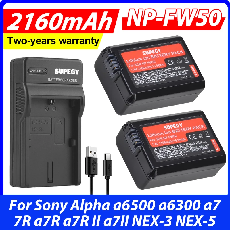 2Pcs 2160mAh NP-FW50 NP FW50 NPFW50 Battery Akku + Charger for Sony Alpha a6500 a6300 a7 7R a7R a7R II a7II NEX-3 NEX-5