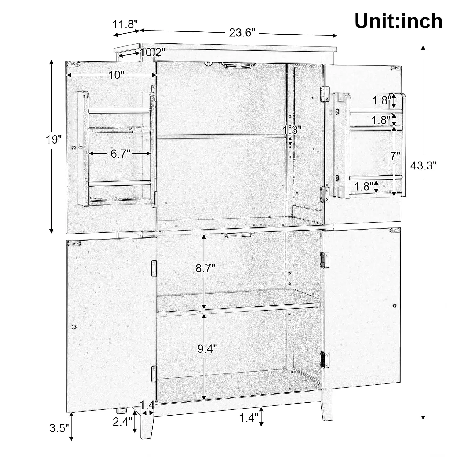Storage Cabinet with Doors and Shelf Rack, Freestanding Bathroom Floor Unit Organizer for Home Kitchen, Flexible Installation