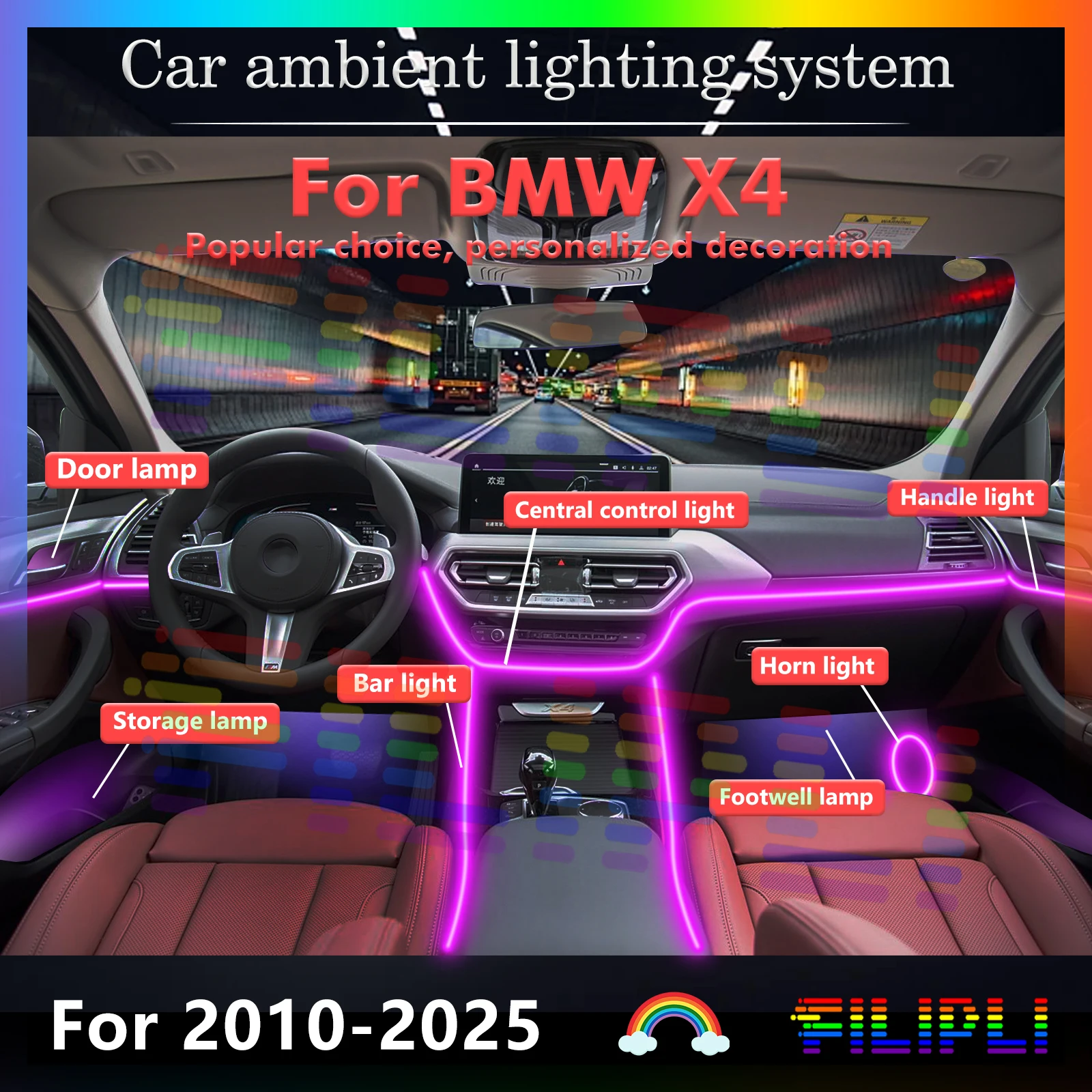 22 In1 for BMW X4 series F26 G02 Car LED Ambient Lamps Colorful Atmosphere Lights Auto Interior Neon Strip 64 RGB Lighting 12V