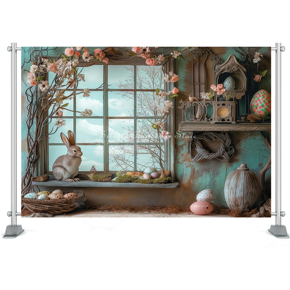 Spring Easter Photo Background Vintage Window Flowers Rabbit Photography Backdrop Kids Portrait Photo Studio Props