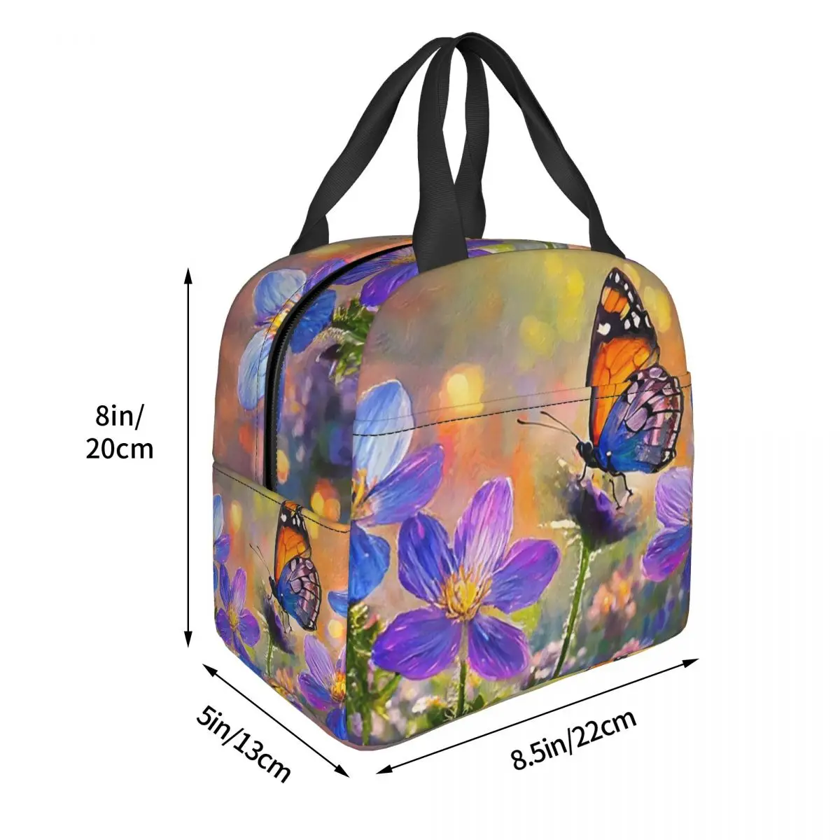 Butterfly Stands On Flowers Oil Painting Insulated Lunch Bag for Women Children Portable Food Boxes Thermal Lunch Box Tote