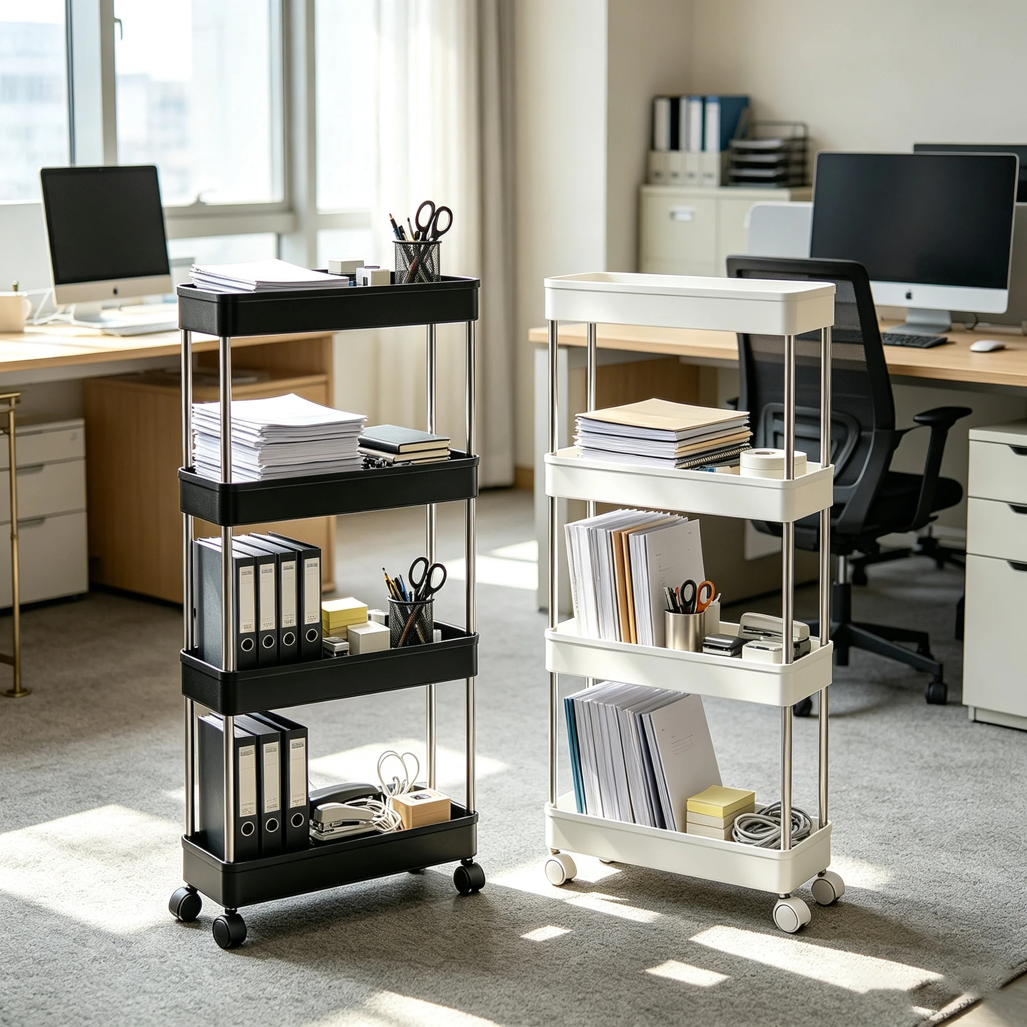 Multi-layer Office Rolling Storage Trolley with Casters, Mobile Document & Stationery Organizer, Black & White Available