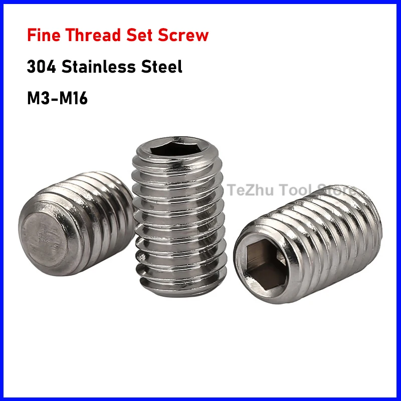 M3-M16 304 Stainless Steel Fine Thread Set Screw Headless Length 3-50mm Hexagon Socket Allen Cup Point Grub Bolt
