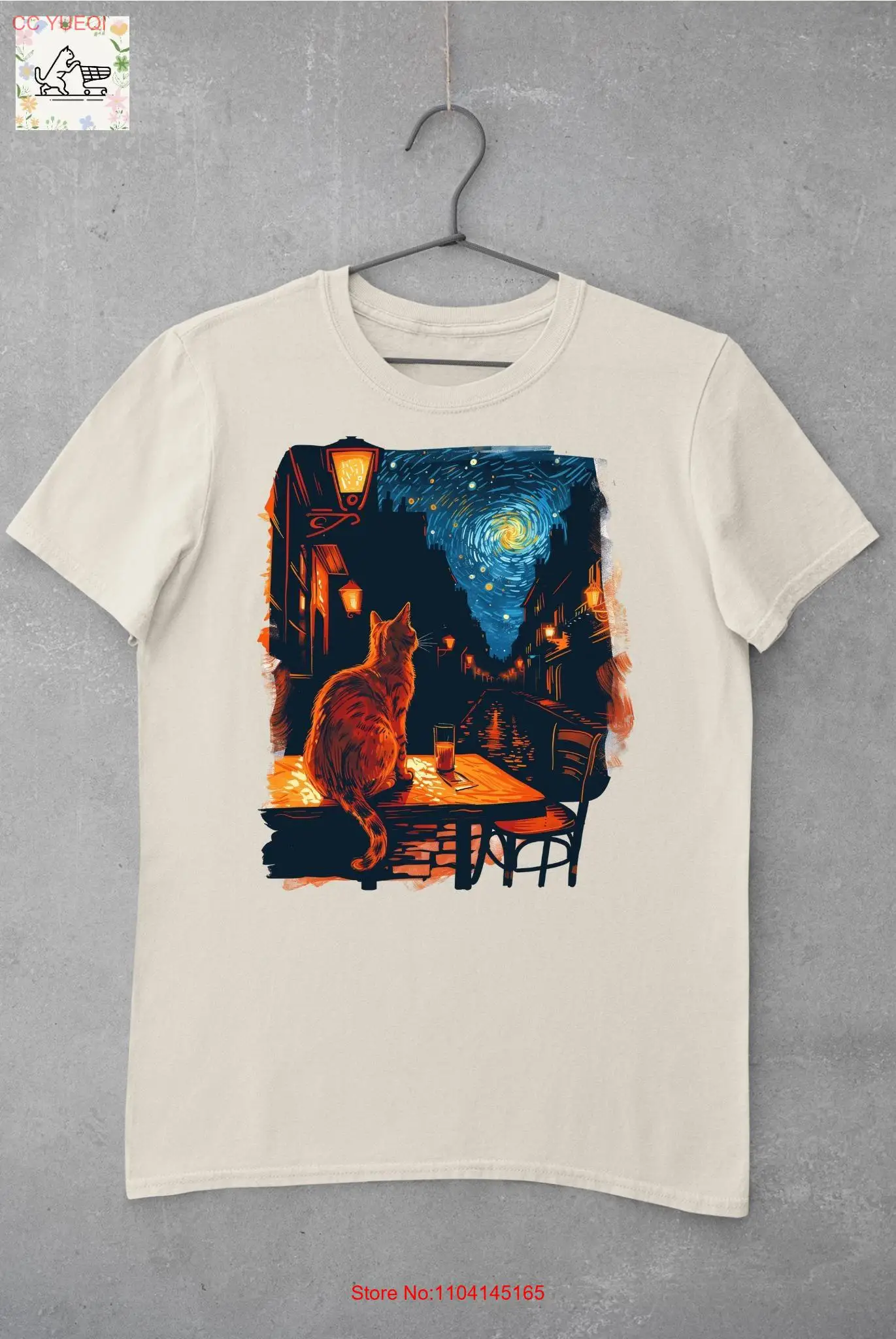 Van Gogh Café Terrace Inspired CaT T Shirt Vibrant Night Scene Artistic Design Orange Lover  long or short sleeves