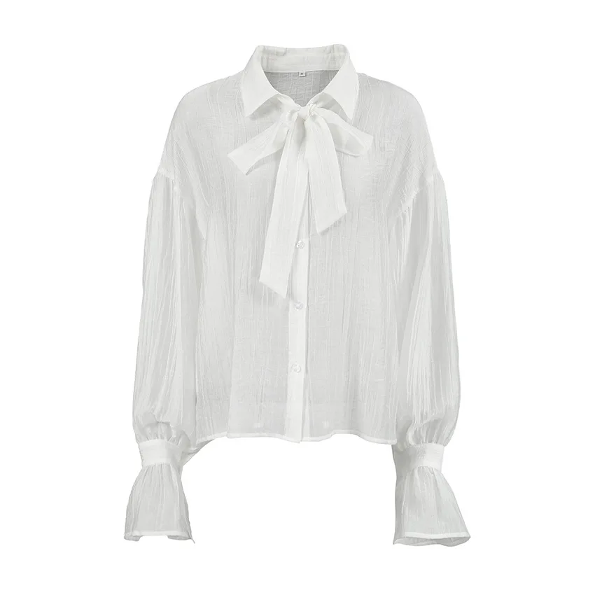 Women's Tencel Lace-up Shirt Fashion Loose Lapel Solid Color Long Sleeve See-through Shirt Elegant Single Breasted Shirt Top