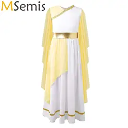 Kids Girls Roman Grecian Athena Gown Dress Shawls Flowy Tulle Toga Dress Halloween Ancient Greek Toga Princess Cosplay Costume