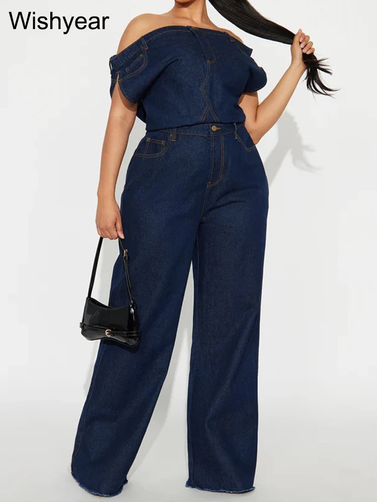 Casual Dark Blue Denim Off-Shoulder Sleeveless Button Straight Jumpsuit Women Wide Leg Pants Jeans Winter Rompers Streetwear y2k