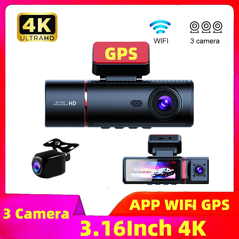 3 .16Inch Car DVR UHD 4K 3-Lens Inside Vehicle Dash Cam Three Way Camera DVRs Recorder Video Registrator GPS Dashcam Camcorder