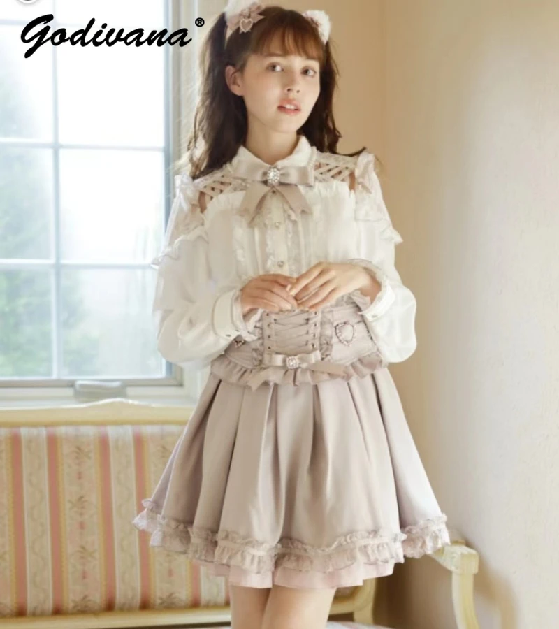 

Japanese Sweet Mine Style Long Sleeve Lace Stitching Bow Decorative Shirt Lolita Women's Spring Chiffon Blouse Liz Tops