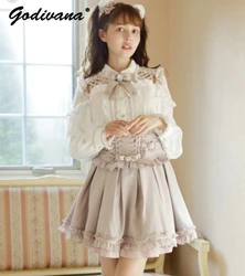 Japanese Sweet Mine Style Long Sleeve Lace Stitching Bow Decorative Shirt Lolita Women's Spring Chiffon Blouse Liz Tops