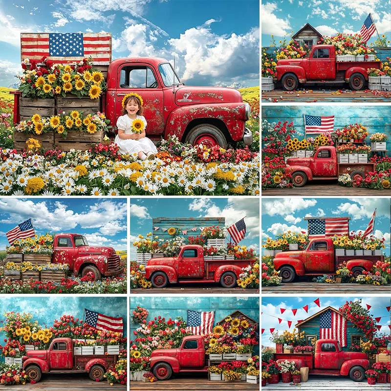 

LS Independence Day Photography Background Sunflower Flag Red Car Decor Props Birthday Adult Kids Portrait Photo Backdrop Studio