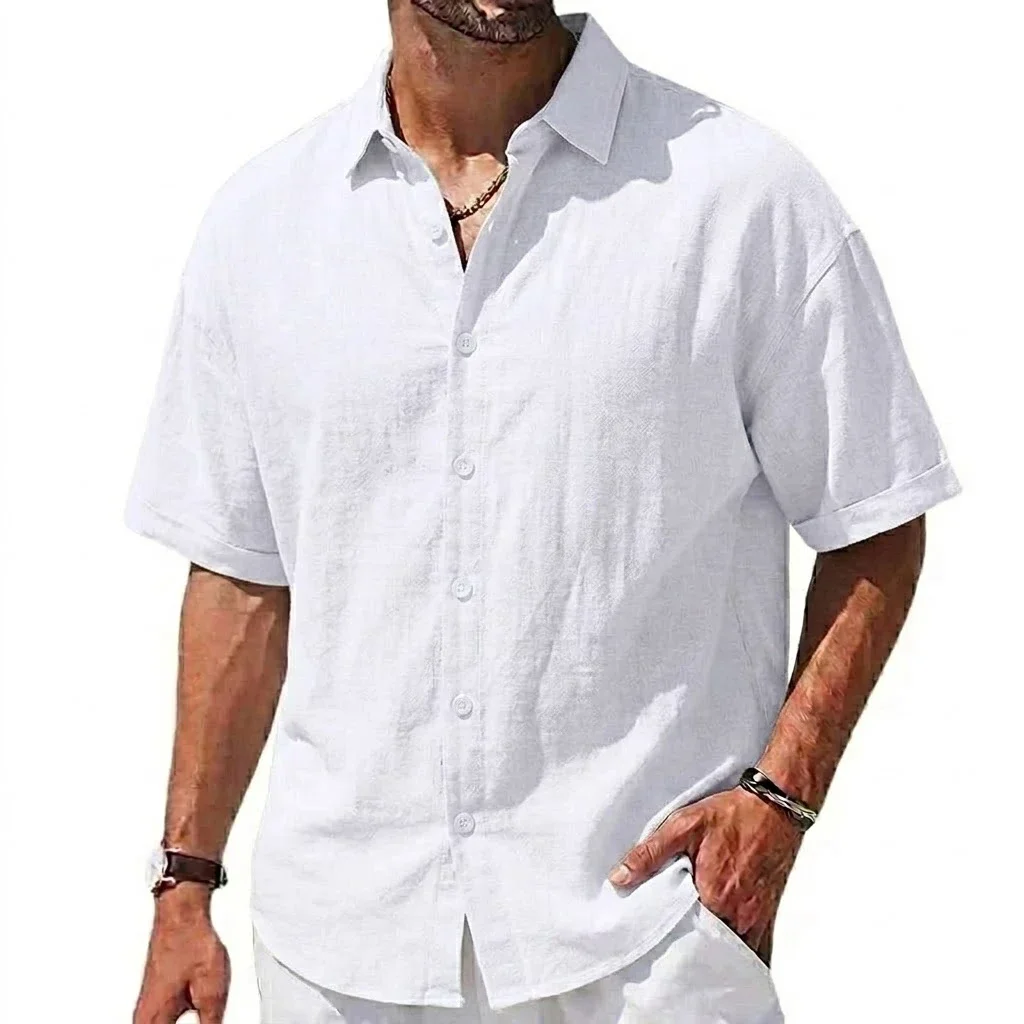 Sommer Kurzarm-Hemden Herren Casual Leinen T-Shirts Baumwoll-Hemden mit Kragen Herren Strand-Hawaiihemd Sommer Fitness T-Shirts – Detail 9