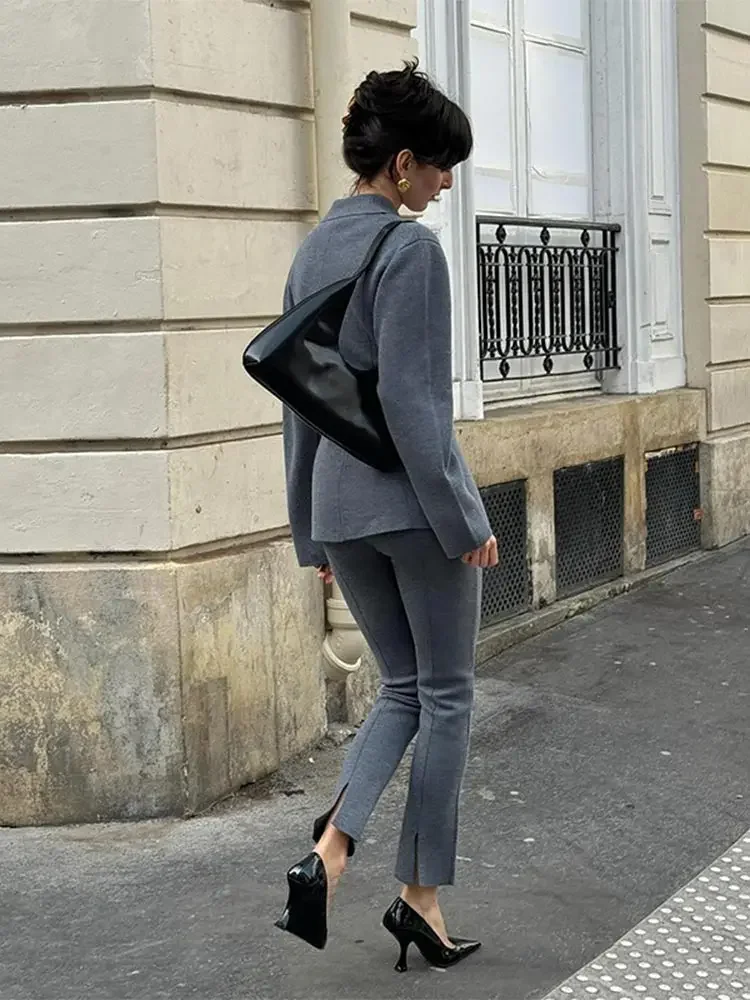 Knitted Gray Single Breasted Lapel Suit Jacket Women's Casual Slim Fit Long Sleeved Coat 2024 New Autumn Street Office Outerwear