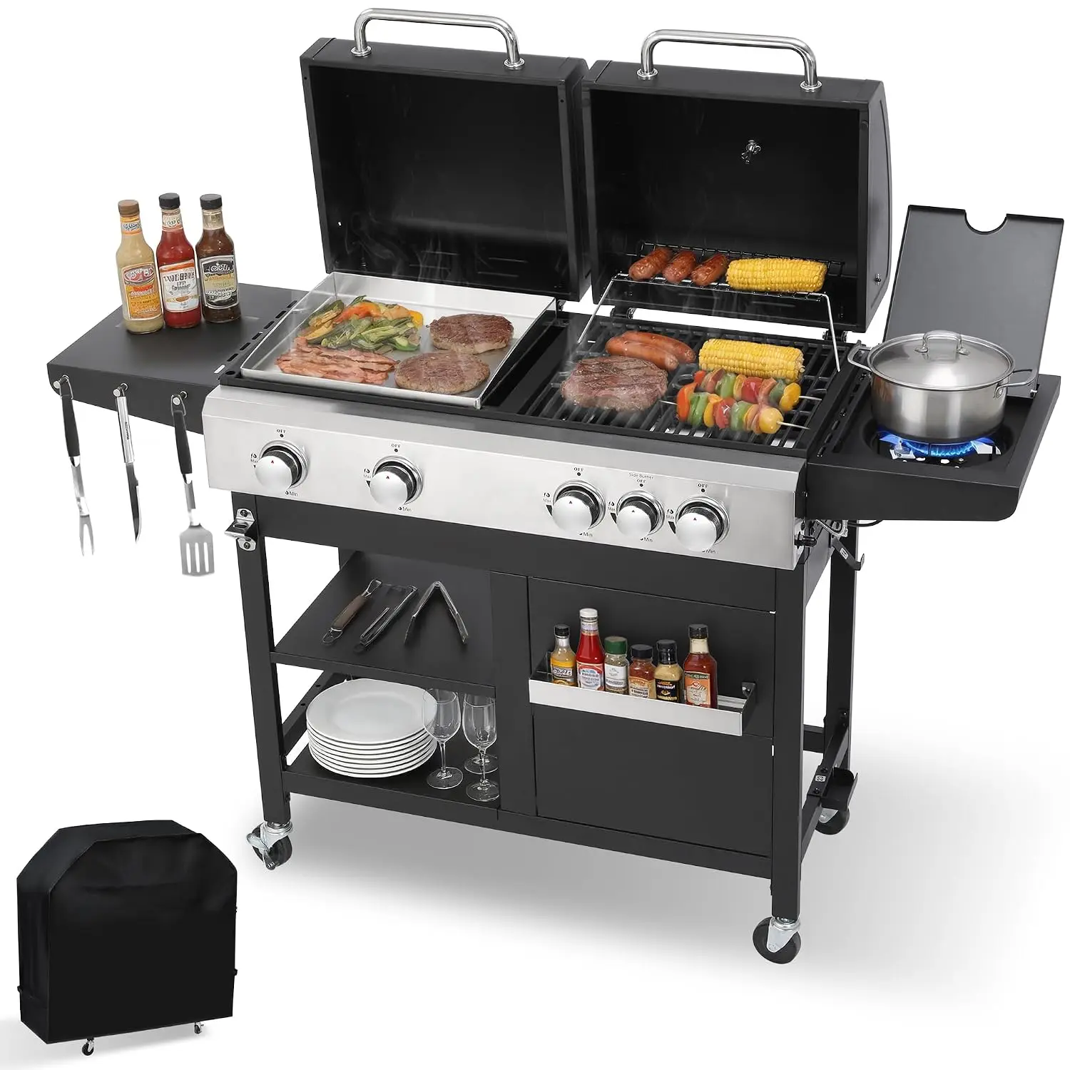 Grill Cover Included, Cast Iron Grates, Stainless Steel Griddle, Large Cooking Area, Ample Storage