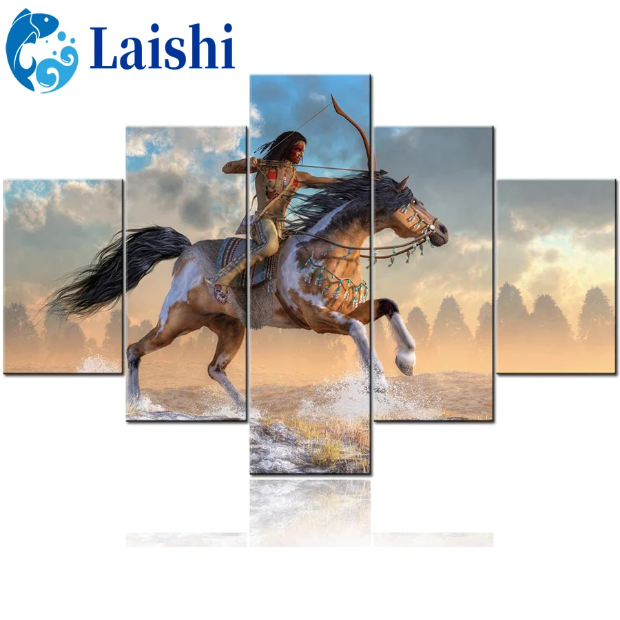 

5pcs DIY Indians shoot arrows on horse Diamond Painting Full Square round Diamond Painting Embroidery Sale Rhinestones Pictures