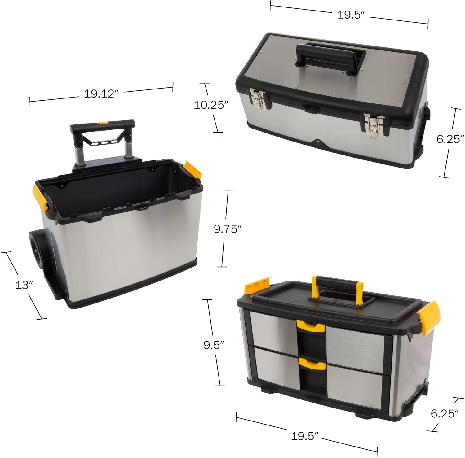 Tool Box - Stainless-Steel Drawer Organizer with Wheels, Extendable Handle and Tough Latches - Rolling Tool Ches