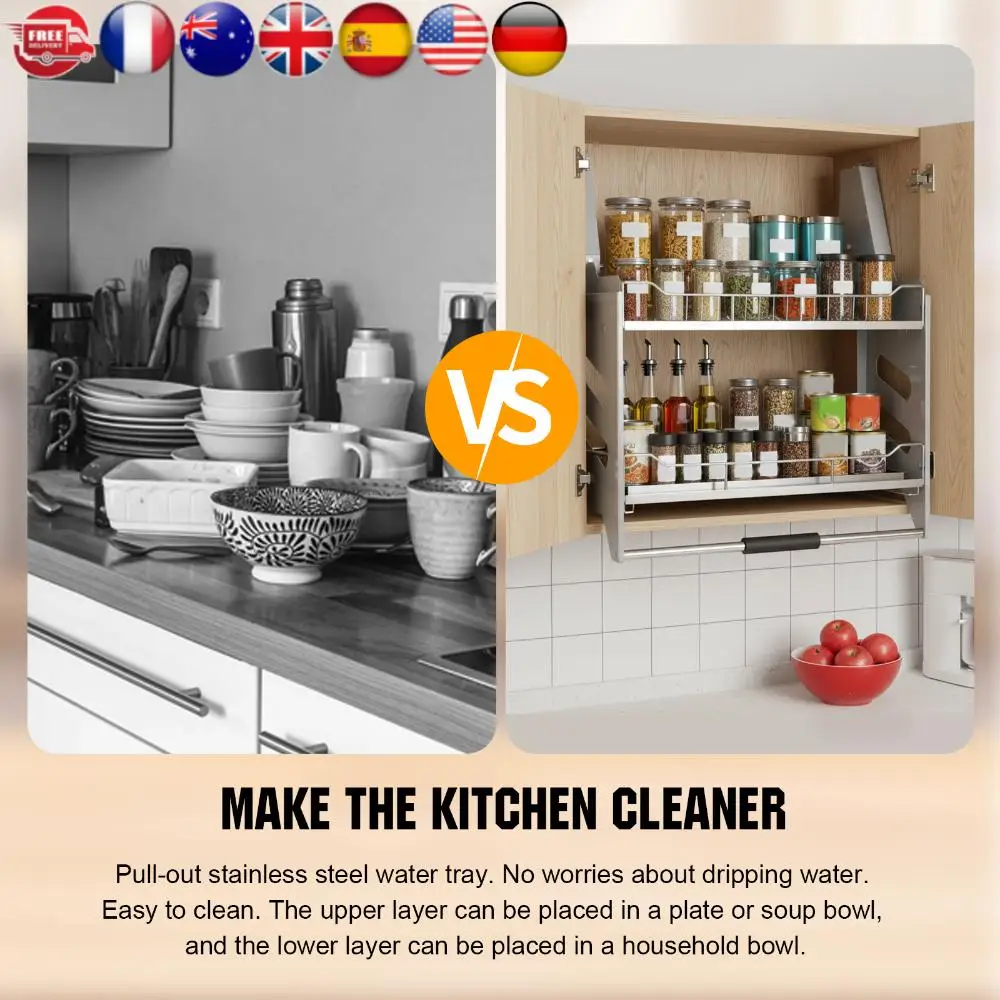 

2-Tier Pull Down Cabinet Organizer Pull Cabinet Shelf Organizer 304 Stainless Steel 22-34 Inch Width for Snacks Bowls Plate