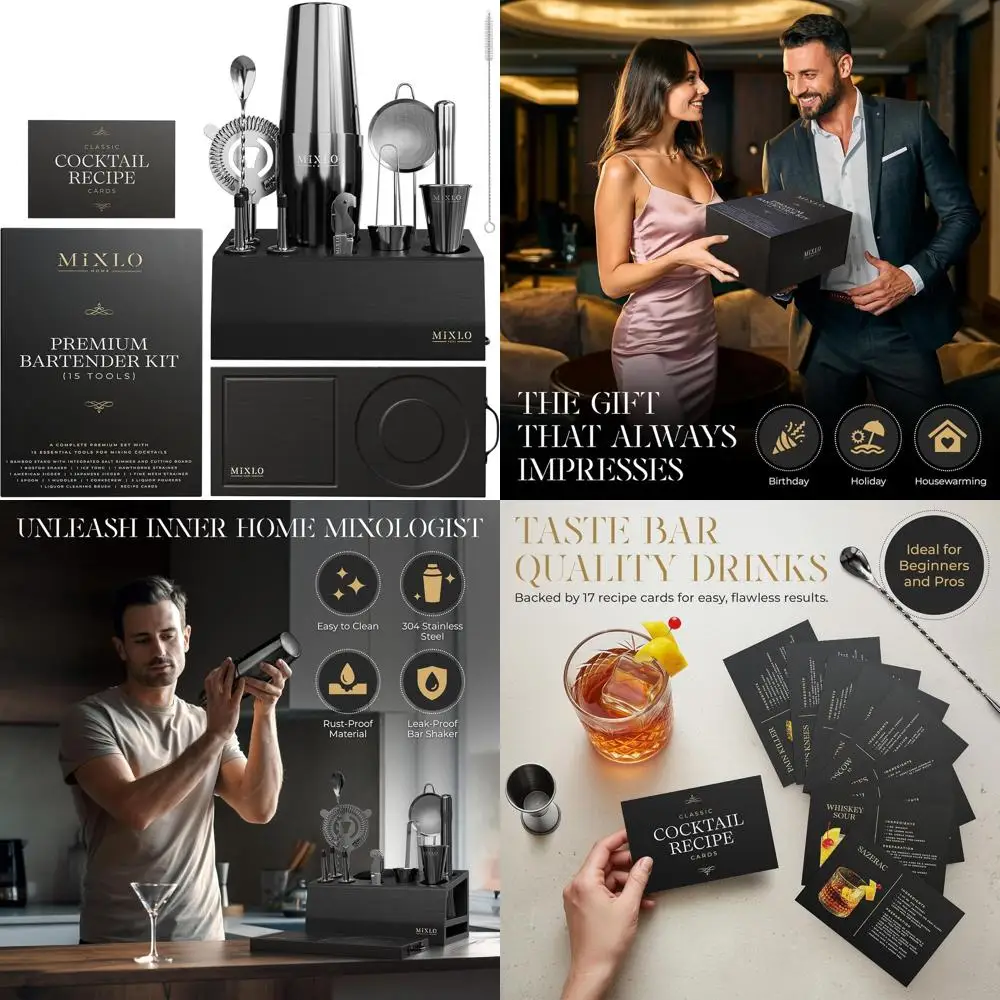 

15-Piece Cocktail Shaker Set with Black Bar Cart Accessories and 24oz Shaker