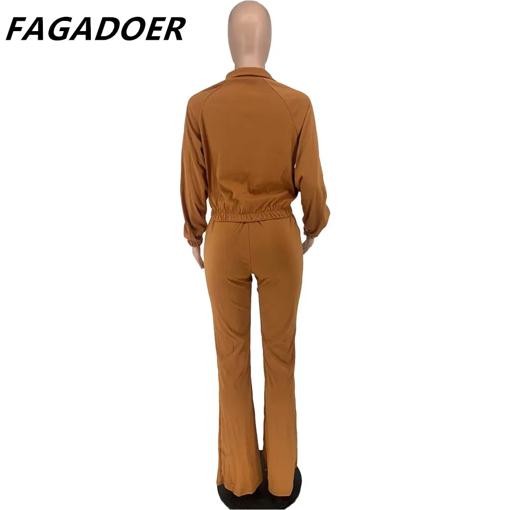 FAGADOER Casual Sport Two Piece Sets Women Letter Print Zipper Top And Flares Pants Tracksuits Fall Winter Matching Outfits