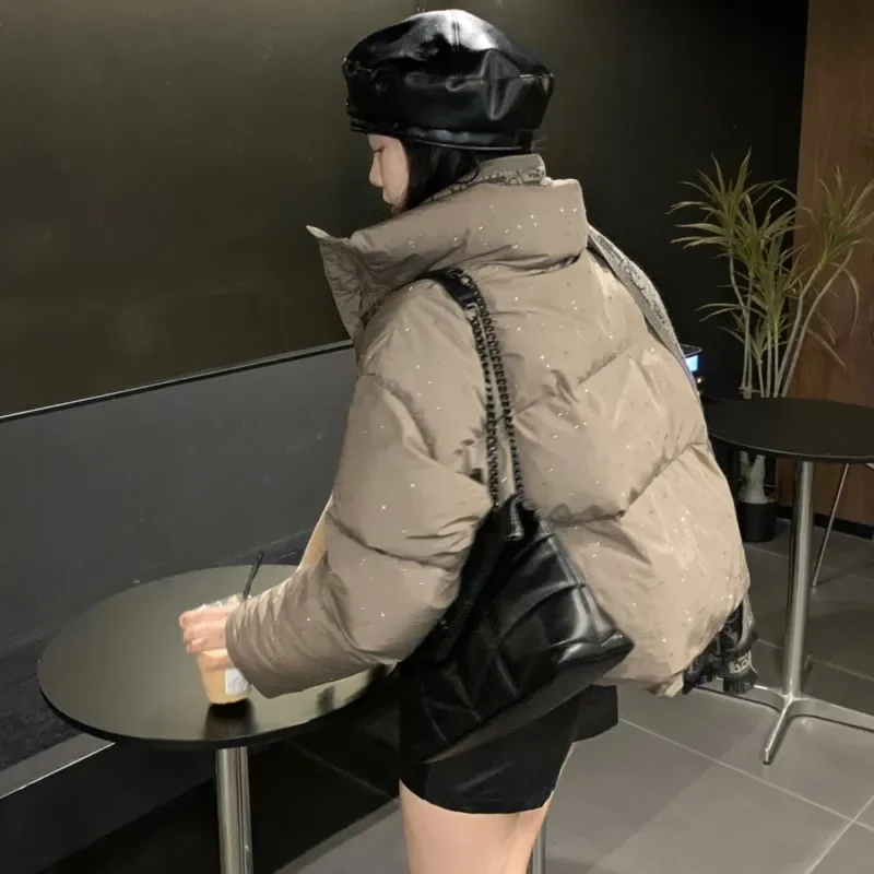 سترة Y2K للسيدات للخريف والشتاء أنيقة من الأسفل ستار دايموند شيك قصير بسحاب سترة عصرية بياقة واقفة وسترة صلبة