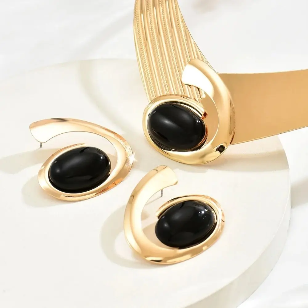 Black/Blue/Rose Pink Necklace Earrings Set Exaggerated Oval Stone Pendant Geometric Jewelry Set Advanced Sense Glamorous