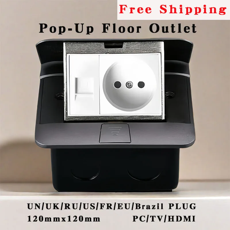 

120x120mm Pop-Up Floor Outlet FR/UK/UN/EU/Brazil/RU/US PLUG PC/HDMI/TV Metal Panel Hidden Outlet For Meeting Room Office Kitchen