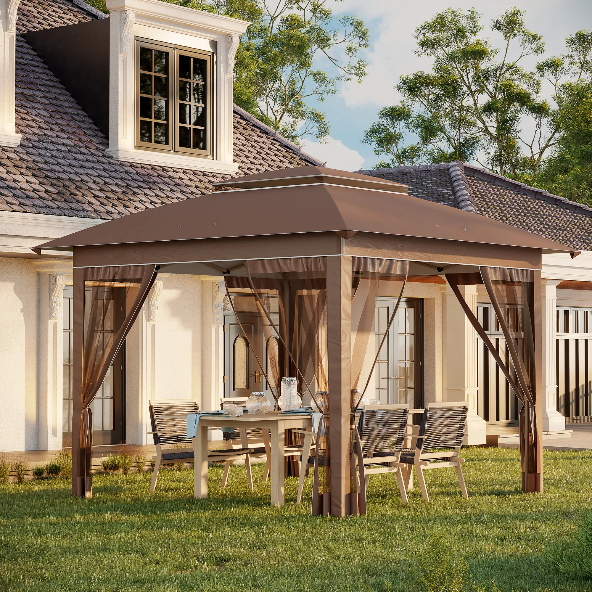 12' X 12' Backyard Party Cabana Gazebo W/ 3-Level Adjustable Height, Beige