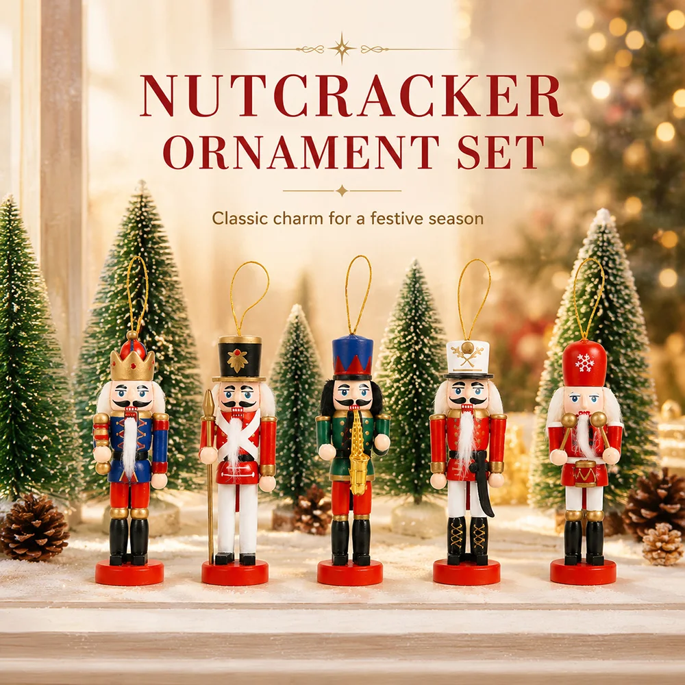 12cm 5-teiliges Holz-Nussknacker-Soldaten-Geschenkset Weihnachten DIY Baum-Anhänger Hängende Dekoration Geschenke für Zuhause Party Feiertagsdekoration – Detail 9