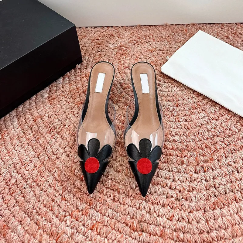 Genuine Leather French Heart-Shaped Transparent Slippers Women's Fine Heel Pointed Toe High Heels Casual Sandals view 5