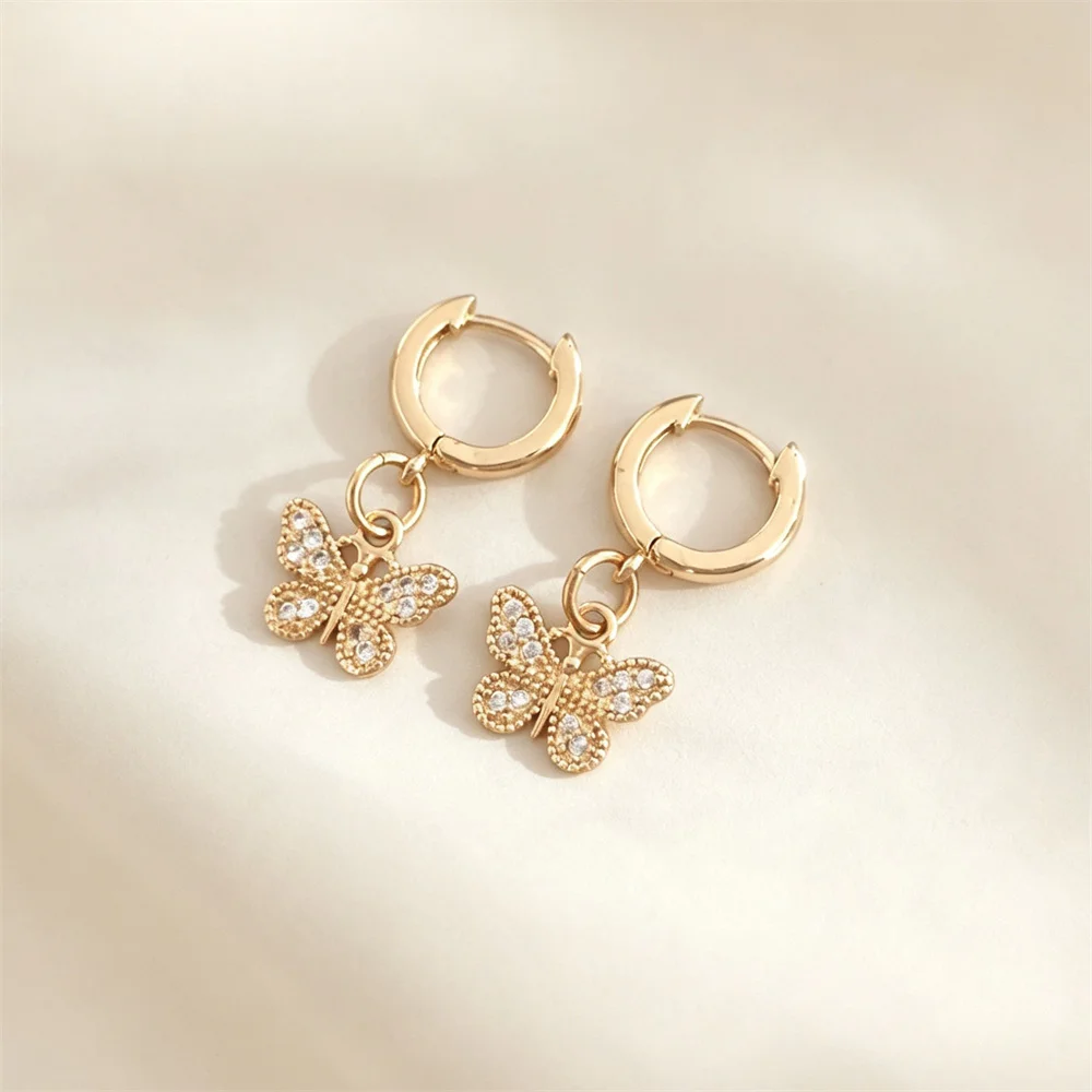 Super Cute Gold Color Plating Clear Zircon Paving Butterfly Charm Hoop Earrings For Women Girl Lovely Fashion Jewelry Gift