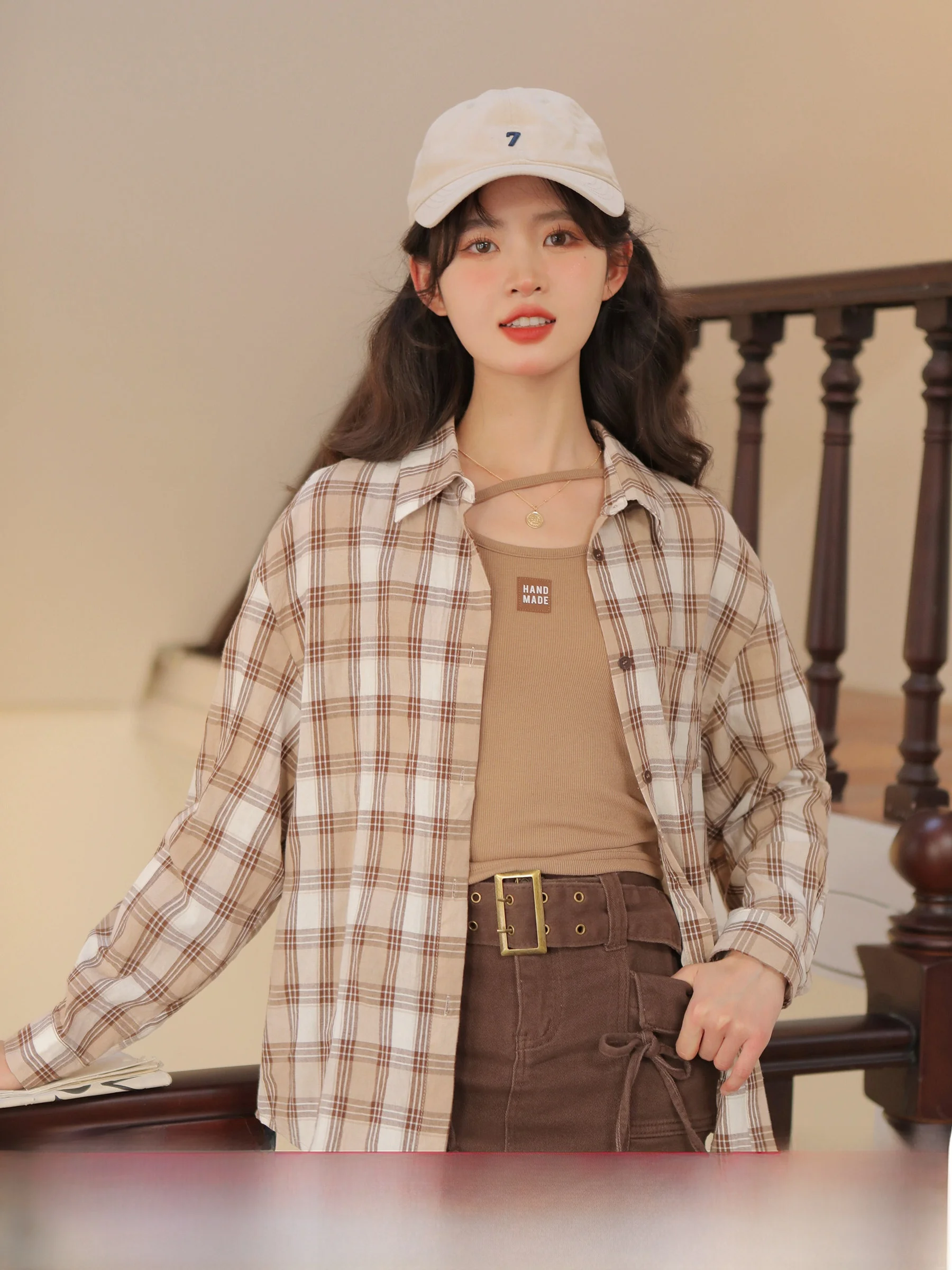 

Loose Women's Shirt Hong Kong Style Outerwear Spring Season Plaid Patterned Vintage Top Girls Sweet Style Long Sleeve Buttoned