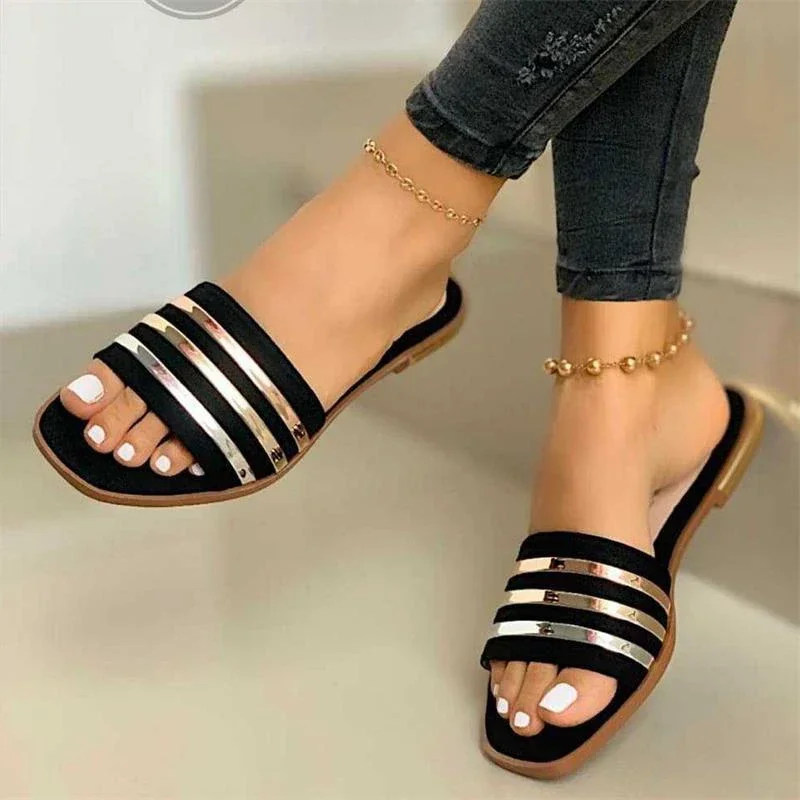 

Women Slippers 2025 New Metal Striped Summer Flat Shoes Fashion Slip on Slides Outdoor Female Casual Women Sandals Plus Size 43