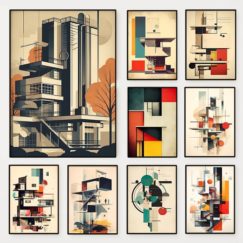 Vintage Minimalist Bauhaus Architecture Sketch Poster Abstract Geometric Canvas Painting Wall Art Living Room Home Decor Mura