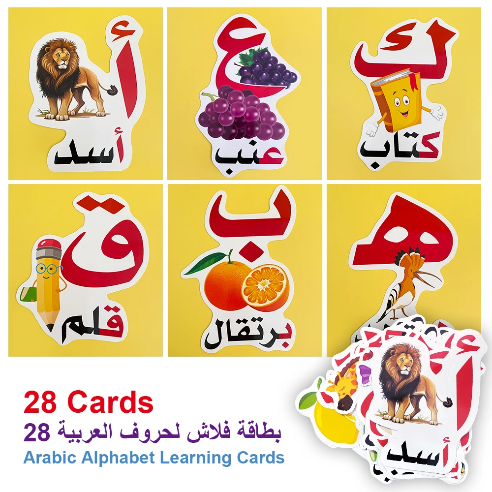 28 Pcs Arabic Alphabet & Vocabulary Flashcards for Kids Homeschool Early Language Arabic Letters Learning Cards Educational Toys