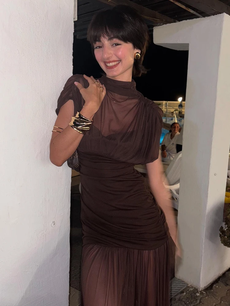 Blifanbo elegante malha bodycon vestido longo feminino dupla camada ver através ruched retalhos clube festa noite vestido longo outono