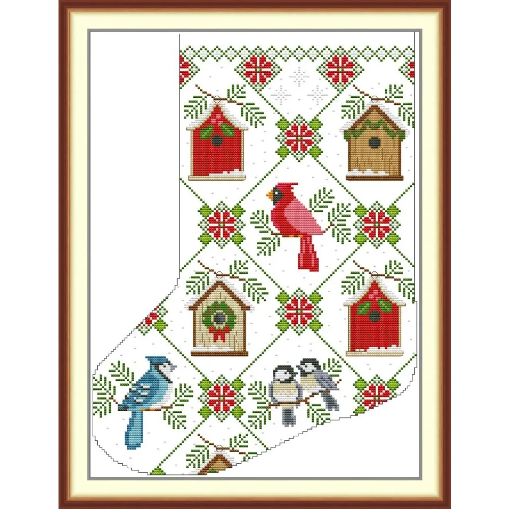 Joy Sunday Pre-Printed Cross Stitch Kit, Stamped Aida Fabric with DMC Threads, Embroidery Kit - Christmas Stocking - Bird's Nest