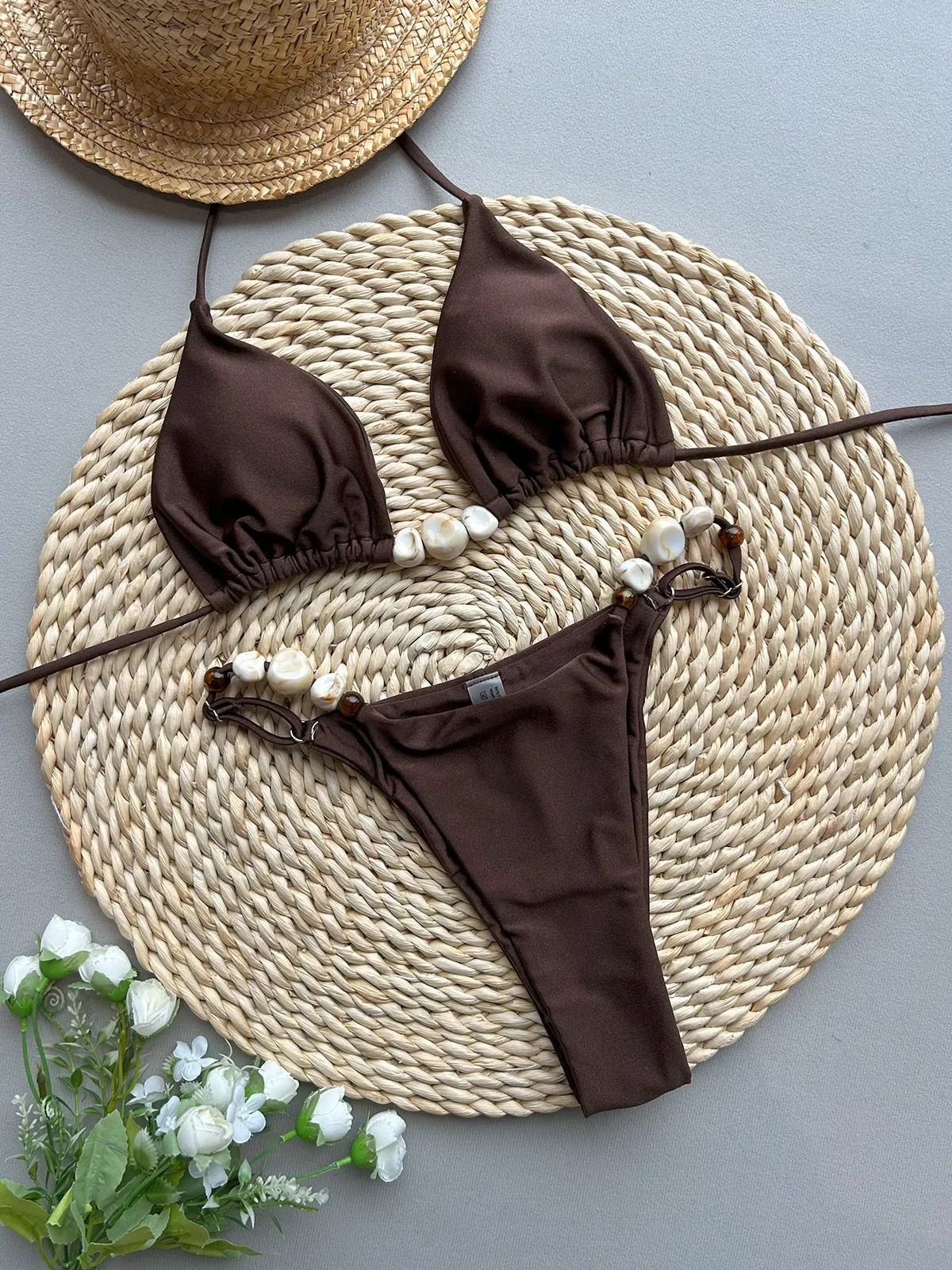 

Coffee Bead String Thong Bikini 2025 Women Sexy Pleate Push Up Bra Thong Swimsuit Brazilian Summer Bathing Suit Micro Swimwear