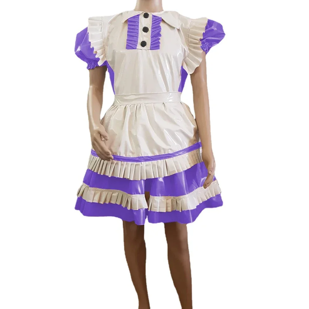 

Sexy Cosplay Lockable Sissy Dress PVC Leather Purple and White Lace Maid Privacy Uniform Cosplay Customize Lolita Crossdressing