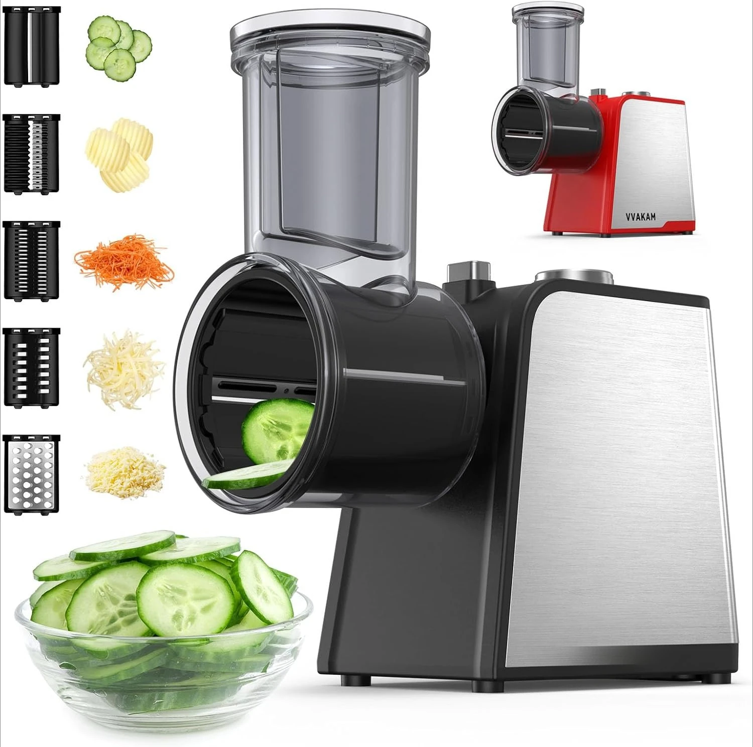 

Electric Grater,300W DC Motor Peeling,Grating & Slicing Tools Shredder with 5 Different Shapes of Blades, Electric Rotary Grater