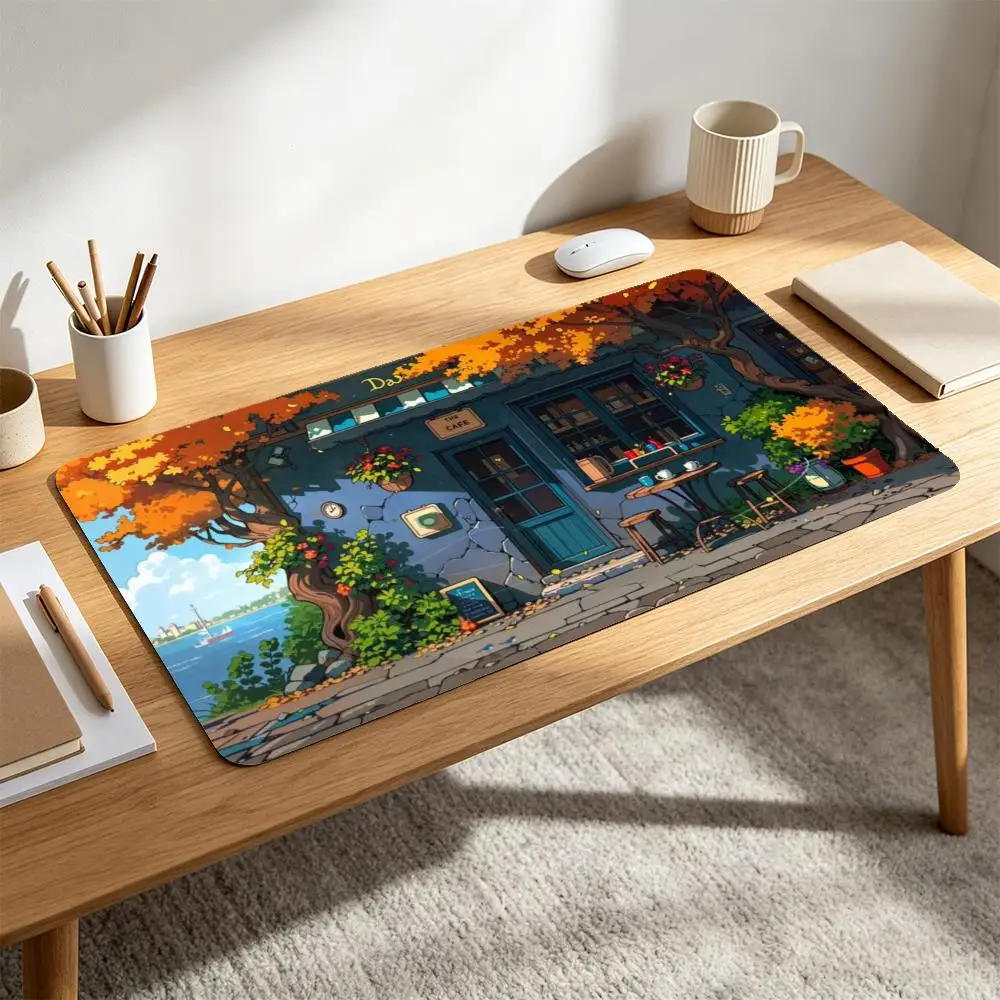 Seaside Autumn Cafe TCG Playmat Cartoon Anime Style Orange Fall Trees Coastal Street Scenery Non‑Slip Desk Mat for Card Game