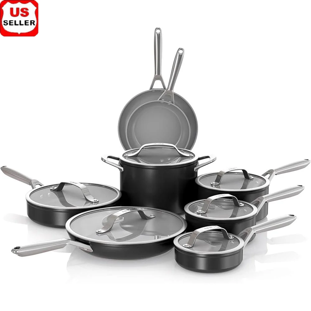 Non-Stick Ceramic Cookware Set 14-Piece Pots Pans Glass Lids Scratch Resistant Heat Resistant PTFE Free Durable Kitchen Cookware