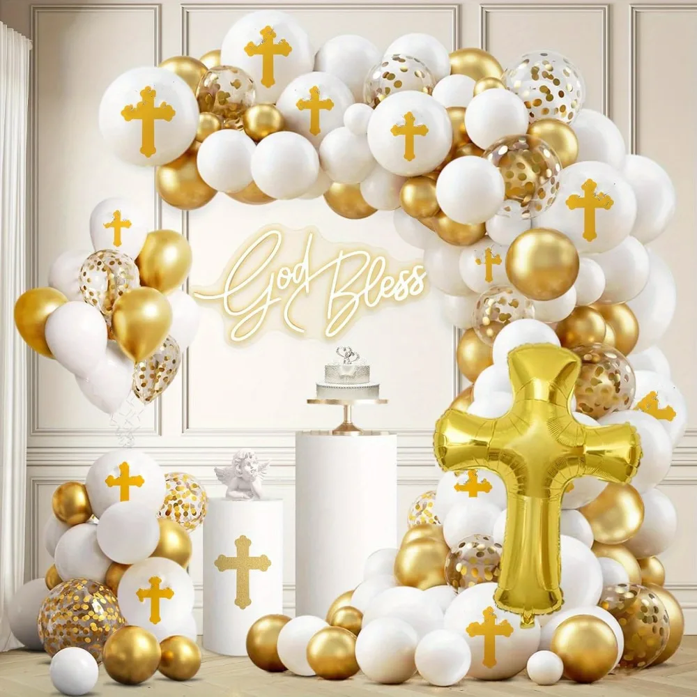 128PCS First Communion and Baptism Party Decoration Kit Cross Foil Balloons Are Used To Celebrate The First Communion with God