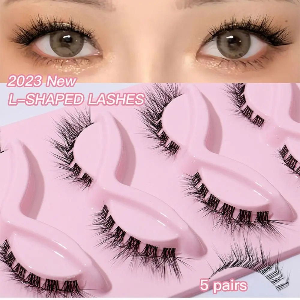 

5 Pair 3D L Curl False Eyelashes Eye Tail Lengthening Full Strip Cat Eye Fake Lashes Clear Stem Long Winged Faux Mink Lashes
