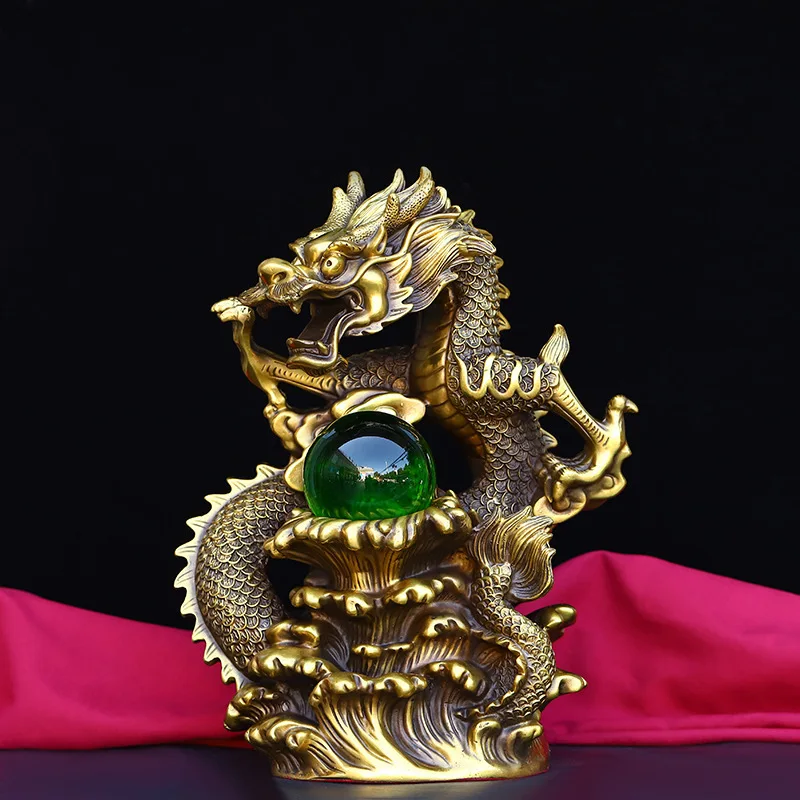 Brass Dragon Money Dragon Ornament Zodiac Water Dragon Golden Dragon Playing with Pearl Plate Dragon Home Decoration Office Craf