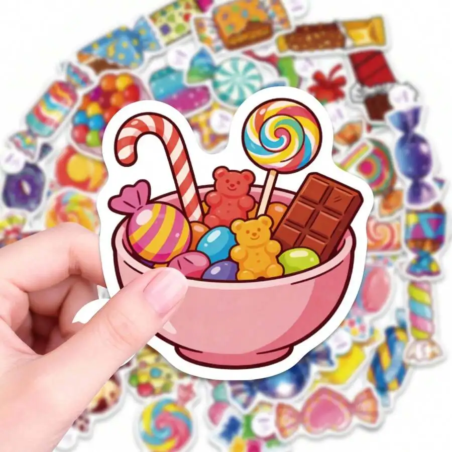 

50pcs Cute Candy Stickers, Vibrant Cartoon Waterproof Vinyl Stickers Including Lollipop, Gummy Bear