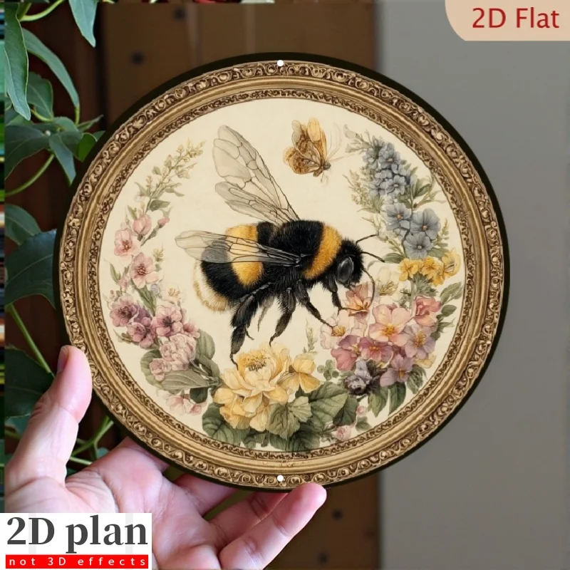 2D Flat Round Metal Sign Vintage Bumblebee Floral Butterfly Antique Frame Cottage Farmhouse Wall Decor Plaque